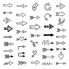 Unique arrow icon set perfect for website navigation, app design, or graphic projects, with different styles including heart, leaves, swirls, zigzag, and retro shapes for creative direction