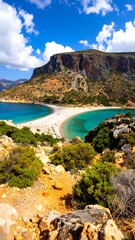 Panoramic view of a secluded bay with a curved beach
