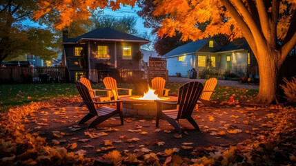 Autumn Fire Pit Gathering with Adirondack Chairs and Fall Foliage in Cozy Residential Setting