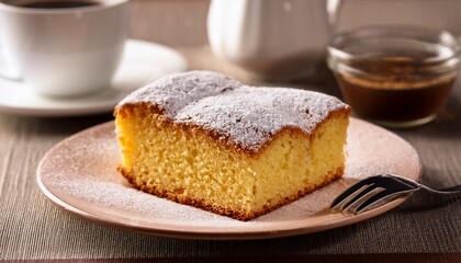 Delicious Slice Of Homemade Sponge Cake With Icing Sugar And Coffee