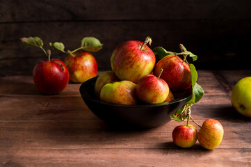 Freshly picked red apples in a bowl, rustic wooden background