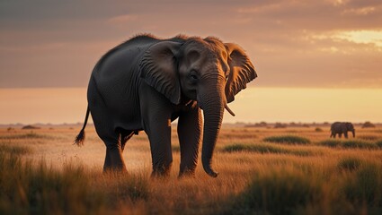 Fototapeta premium Majestic elephant stands in golden savanna at sunset, a symbol of wild Africa's enduring beauty and power, evoking awe and wonder