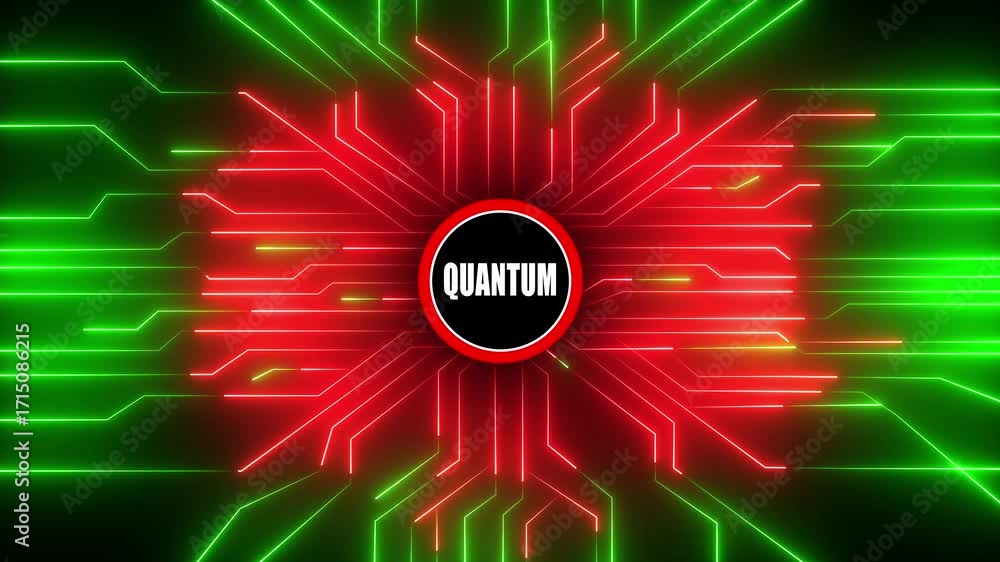 Poster abstract quantum computing circuitry with glowing neon lines and central quantum text displayed on a
