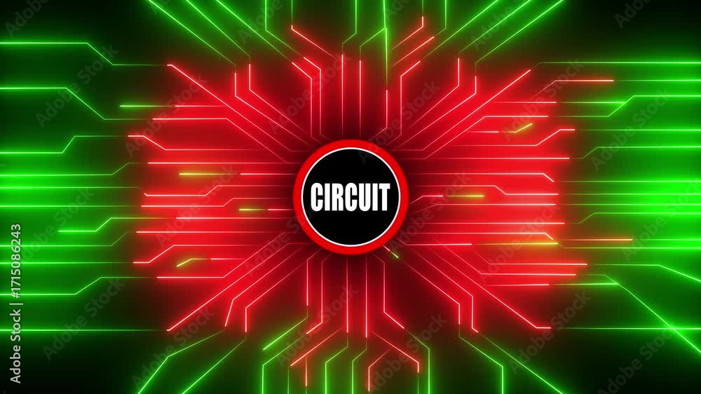 Poster abstract neon circuit board animation with glowing red and green lines and the word circuit displaye