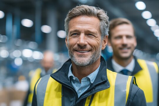 Two warehouse managers are smiling and interacting in a busy distribution center. The men wear yellow safety vests and showcase a sense of teamwork and leadership among fellow workers.