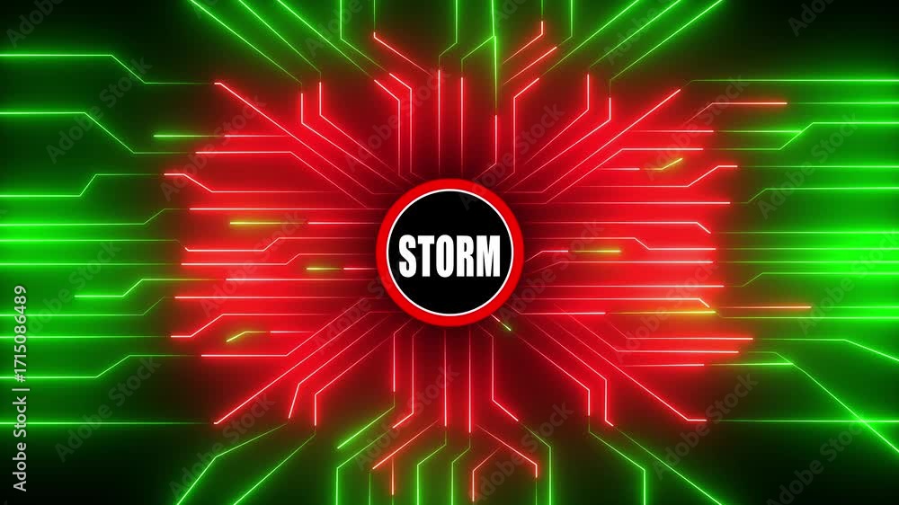 Aufkleber dynamic neon circuit board animation with a central storm warning displayed in a red circle