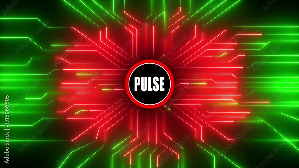 Poster abstract neon circuit board pulse animation with red and green glowing lines on a dark background