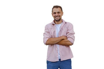 Fototapeta premium Confident young man smiling, standing with arms crossed, expressing positivity, with transparent background