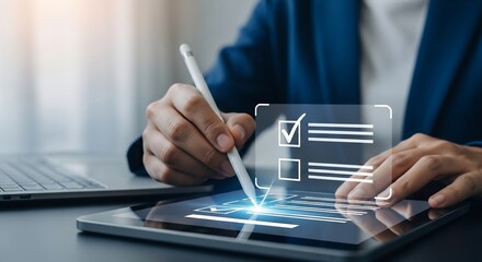 Professional businesswoman digitally signing document on tablet with stylus, modern technology workflow