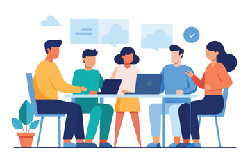 Diverse group of people collaborating around a table with laptops and speech bubbles meeting collaboration