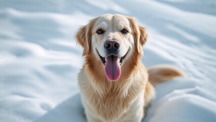 Joyful Golden Retriever dog panting happily in soft winter snow, conveying pure happiness and outdoor fun