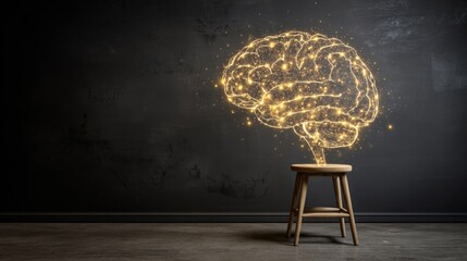A glowing brain made of light particles is positioned atop a wooden stool. The dark background enhances the visual impact, symbolizing creativity and innovative thoughts in a minimalist setting.