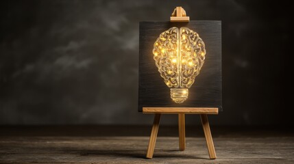 A creative display featuring a brain-shaped light bulb on a wooden easel. The warm glow of the lights illuminates the dark surrounding environment, showcasing innovative design.