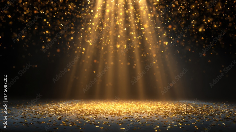 Poster bright golden light beams cascade from above, illuminating a sparkling surface scattered with glitte