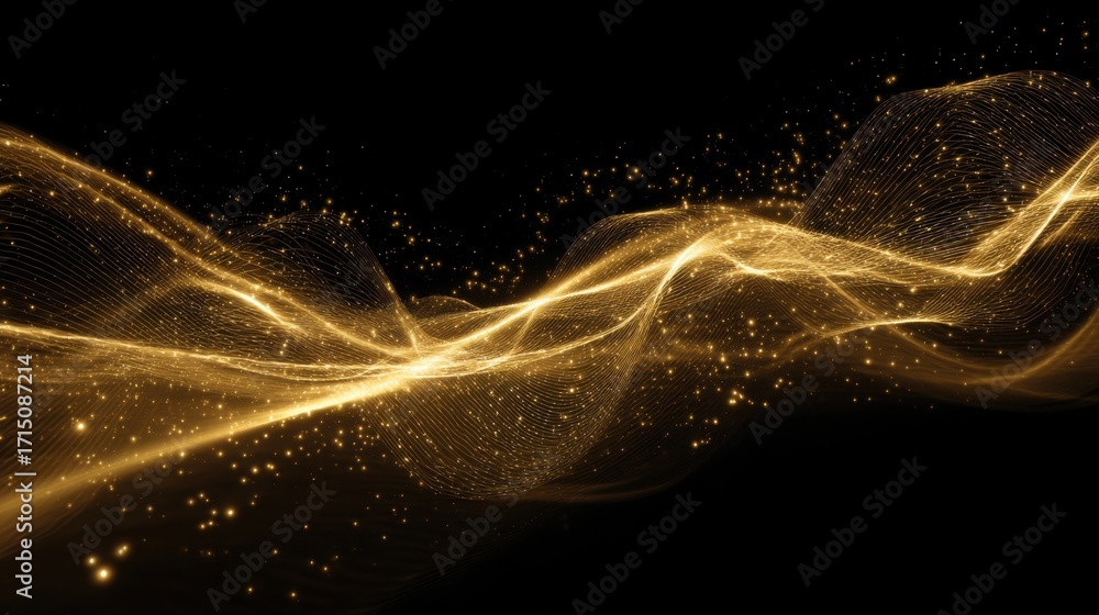 Poster soft golden waves move dynamically through a dark space, creating an elegant and mesmerizing display