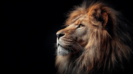 Fototapeta premium Majestic lion's noble profile captures raw power and untamed spirit against a dark background