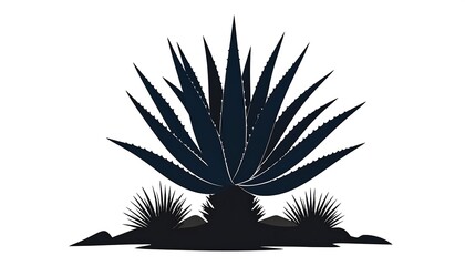 A silhouette illustration of a agave plant with surrounding desert flora.