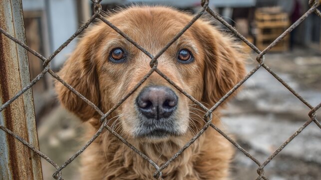 A golden retriever gazes through a rusty fence at an animal shelter, displaying a hopeful expression. The surrounding area appears cold and uninviting, enhancing the dogs longing. - Powered by Adobe