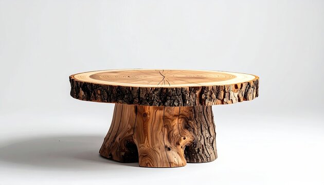 Rustic round wooden coffee table with a thick tree-trunk base and a live-edge top, showcasing natural wood grain and bark