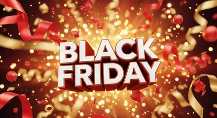 Black Friday sale celebration, big discounts, shopping event with festive ribbons and glowing confetti, exciting promotional offer.