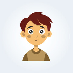 A cartoon character illustration of a boy has a confused face with brown hair
