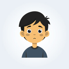 A cartoon character illustration of a boy has a confused face with black hair