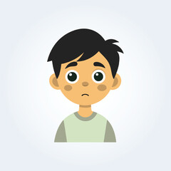 A cartoon character illustration of a boy has a confused face with a grey shirt