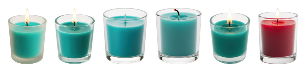 Scented candle set including lit, unlit, and partially burnt wicks in teal and red glass. Perfect for home decor, aromatherapy, or relaxation themes.