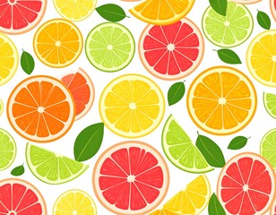 Vibrant citrus slices and leaves create a refreshing fruit pattern on a white background.