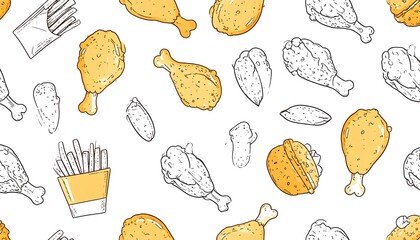 A graphic pattern of fried chicken and french fries, outlined in black and filled with yellow-orange hues, creating a repeating design against a plain white background.