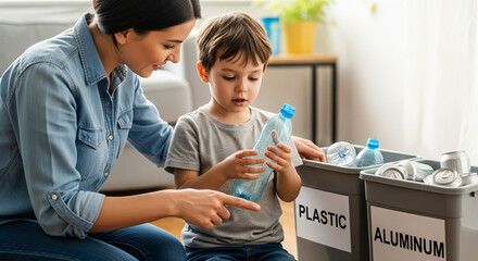 Mother and son learning about recycling together with plastic and aluminum waste in home