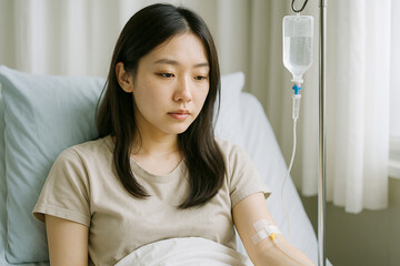 点滴を受ける日本人女性
