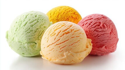 Fototapeta premium Four vibrant scoops of ice cream sit neatly on a plain background, showcasing flavors like mint green, bright yellow, creamy orange, and cheerful pink.