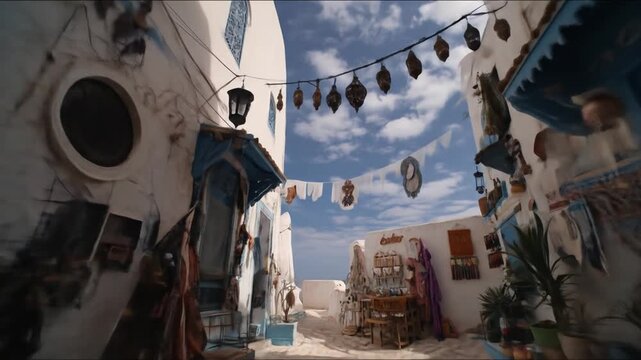 Mediterranean street scene with white buildings, blue accents, and marketplace