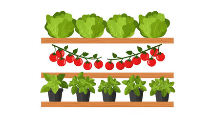 Freshly grown vegetables on shelves, ideal for food blogs, healthy eating, and organic farms