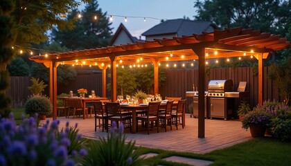 Backyard patio features wooden table set for dinner under pergola with warm string lights. Gas grill sits nearby. Summer evening garden setting promotes relaxation, family gatherings, outdoor