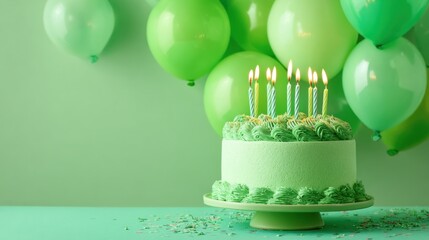 Celebrating a birthday with a delicious green cake adorned with candles and surrounded by various green balloons, creating a vibrant and joyful atmosphere for the occasion.
