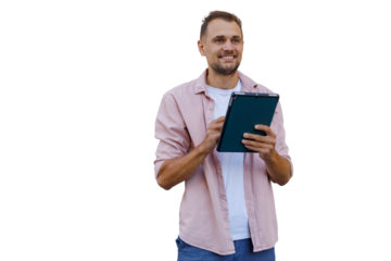 Happy man using digital tablet for business communication, smiling while touching screen, transparent background