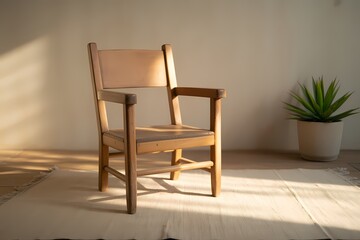 A wooden chair sits in a sunlit room near a plant