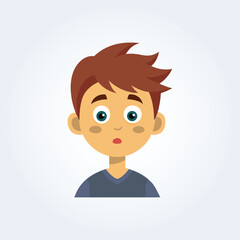A cartoon character illustration of a boy has a confused face with a navy blue shirt