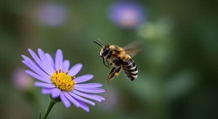 A bee midflight approaching a purple flower