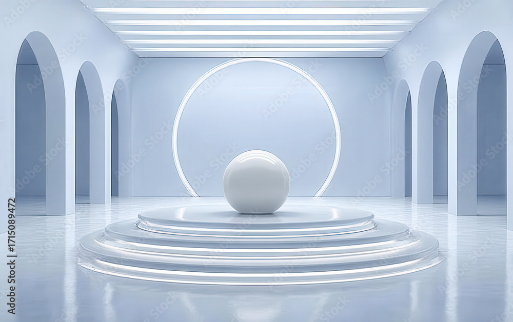Poster modern minimalist interior with a spherical object and circular light