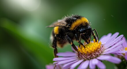 A bumblebee sits on a purple flower with a yellow center gathering pollen