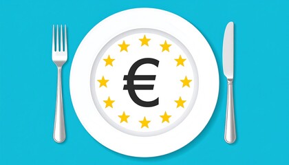 A white plate with euro symbol and stars, set against a vibrant turquoise background, symbolizes European Union financial matters.