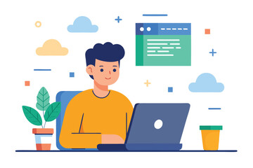 Fototapeta premium Person at desk with laptop, plant, and coffee cup surrounded by abstract shapes and clouds computer