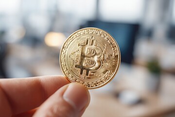 Holding a Bitcoin coin in a modern office with a blurred background, showcasing digital currency in a business environment