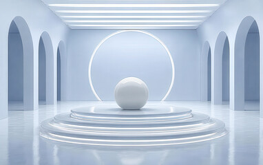 Obraz premium Modern minimalist interior with a spherical object and circular light