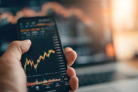 Financial analysis on a smartphone while observing market trends on a laptop - Powered by Adobe