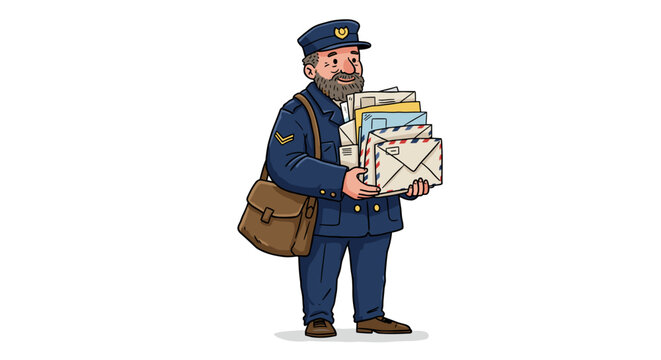 Friendly cartoon mailman wearing a blue uniform and cap carrying a stack of letters and a brown messenger bag isolated on white background