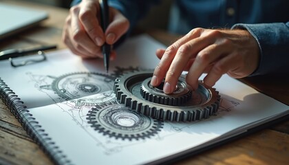 Obraz premium Man hands draft cogwheel mechanism on notepad. Blueprint shows gears for operational excellence, optimized productivity, goal attainment. Business, engineering, planning, work process.